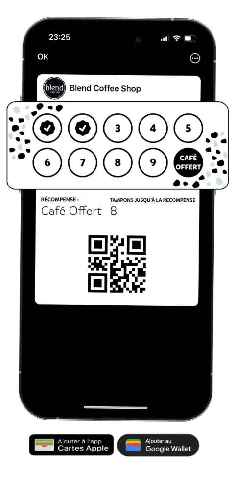 Carte de fidélité Blend Coffee Shop enregistrée dans le portefeuille du téléphone